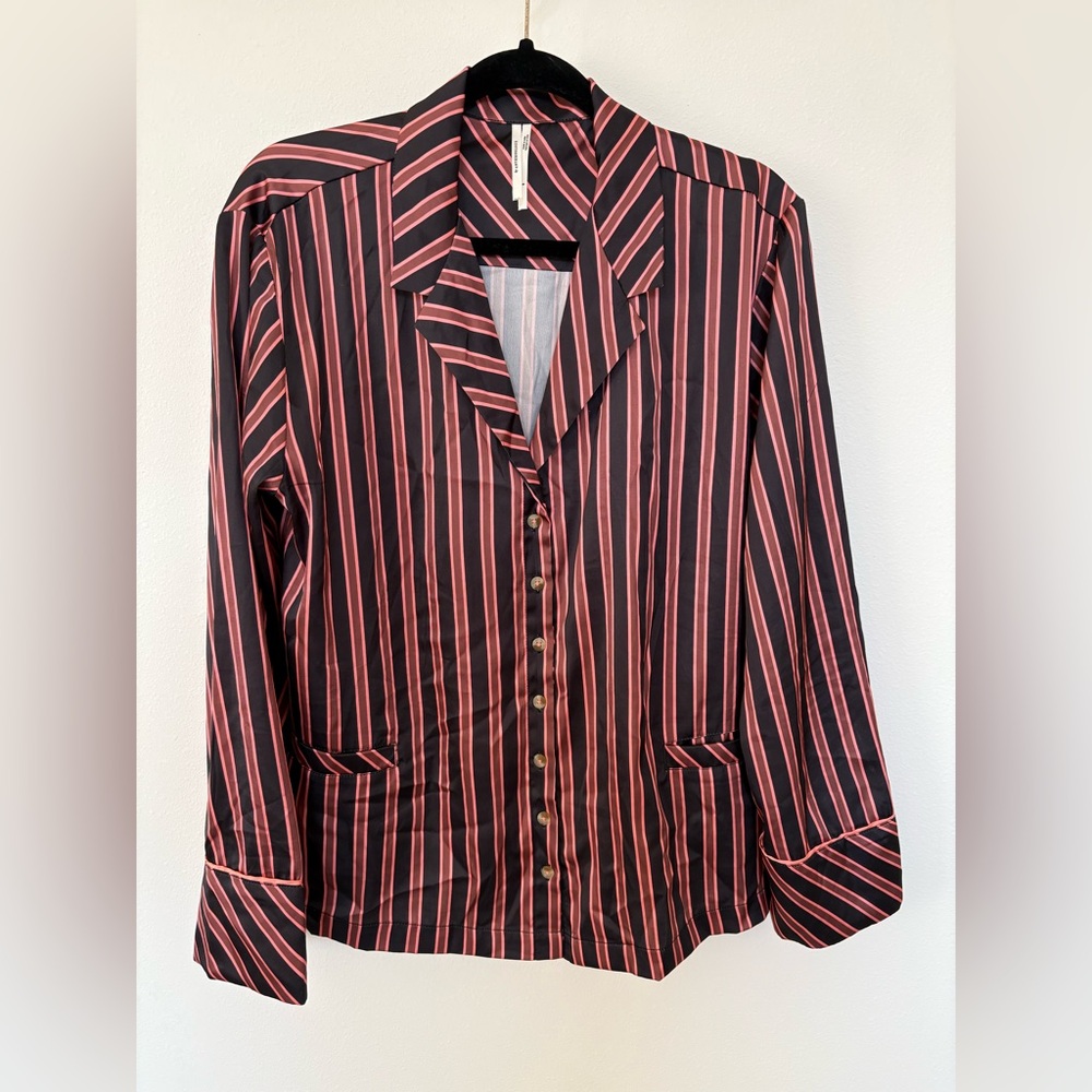 Anthropologie Black and Pink Striped Satin Pajama Top
